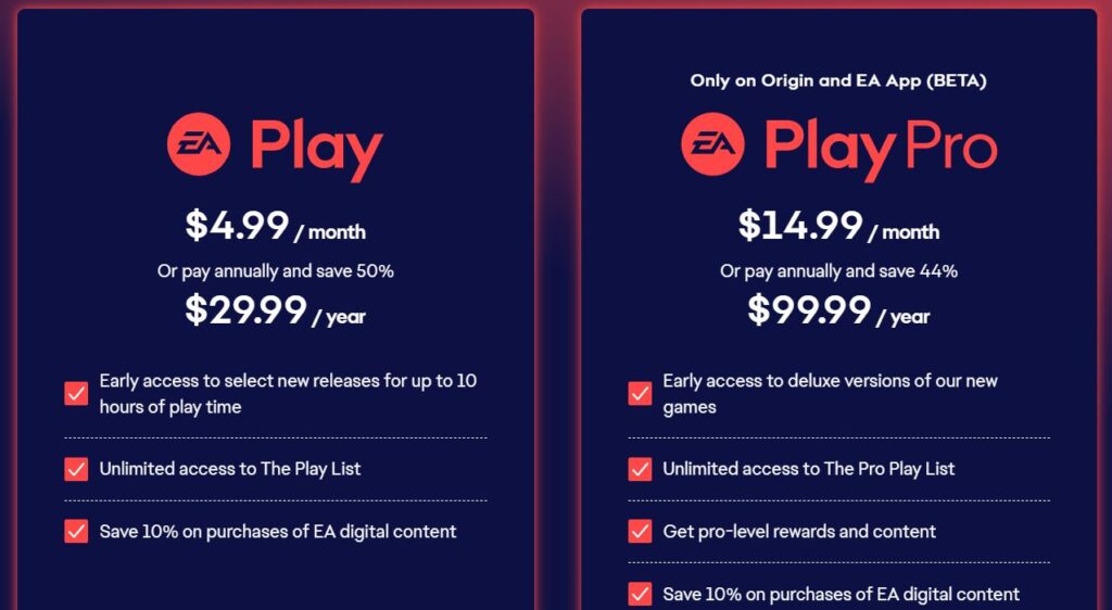 Opciones de suscripción de EA Play