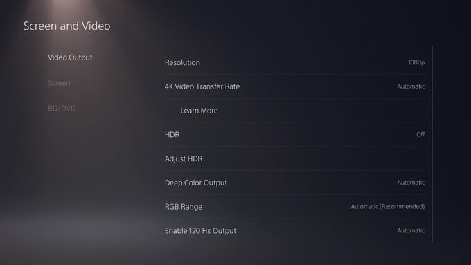 Menú de configuración de Sony PS5