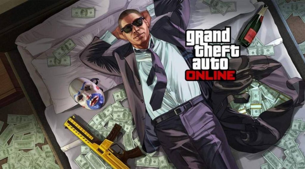 personaje de gta online sentado en una cama con dinero