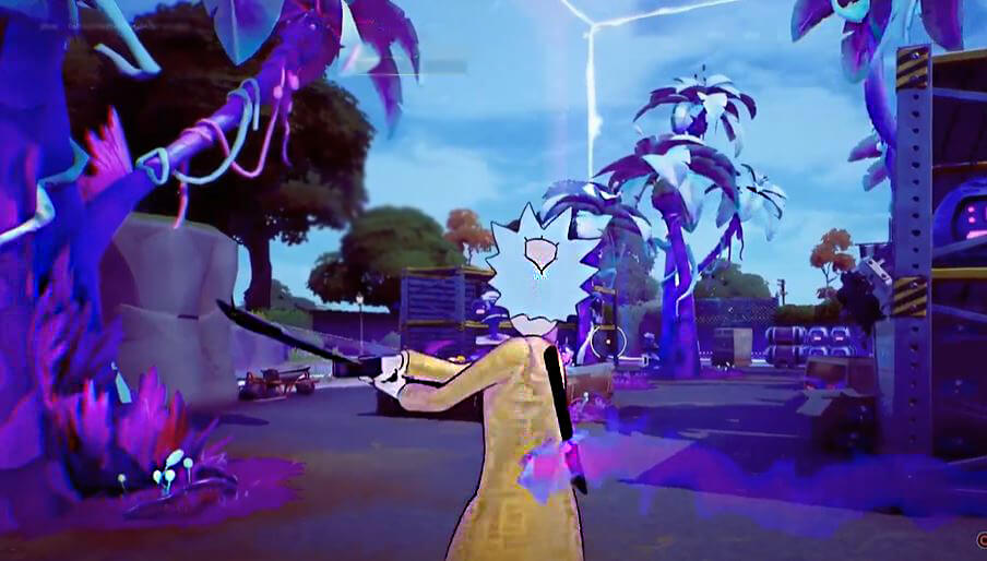 Rick Sanchez cortando árboles alienígenas en Fortnite