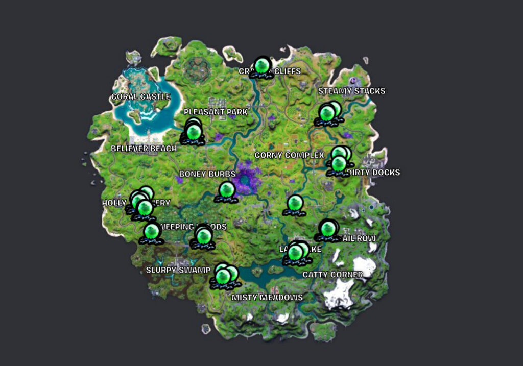 Mapa que muestra las ubicaciones de los huevos alienígenas en la temporada 7 de Fortnite.