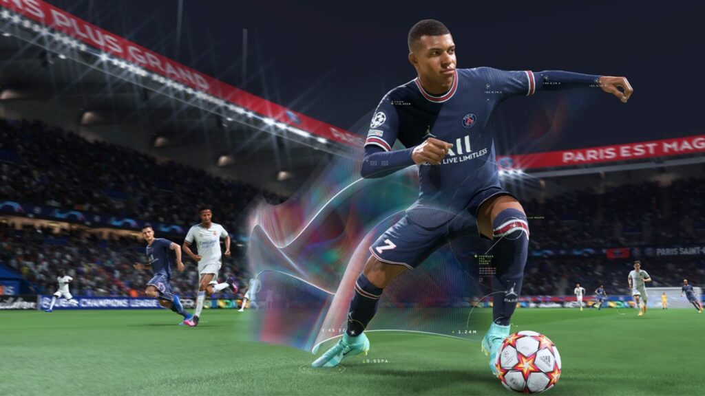 FIFA 22 Kylian Mbappé regateando con el balón