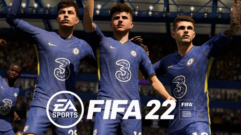 Jugadores del Chelsea detrás del logo de FIFA 22