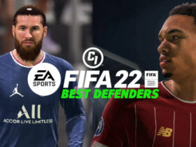 FIFA 22 defenders behind logo