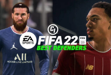 FIFA 22 defenders behind logo