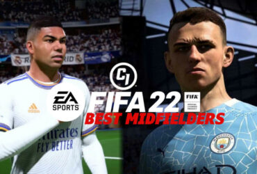 Two FIFA 22 midfielders behind logo