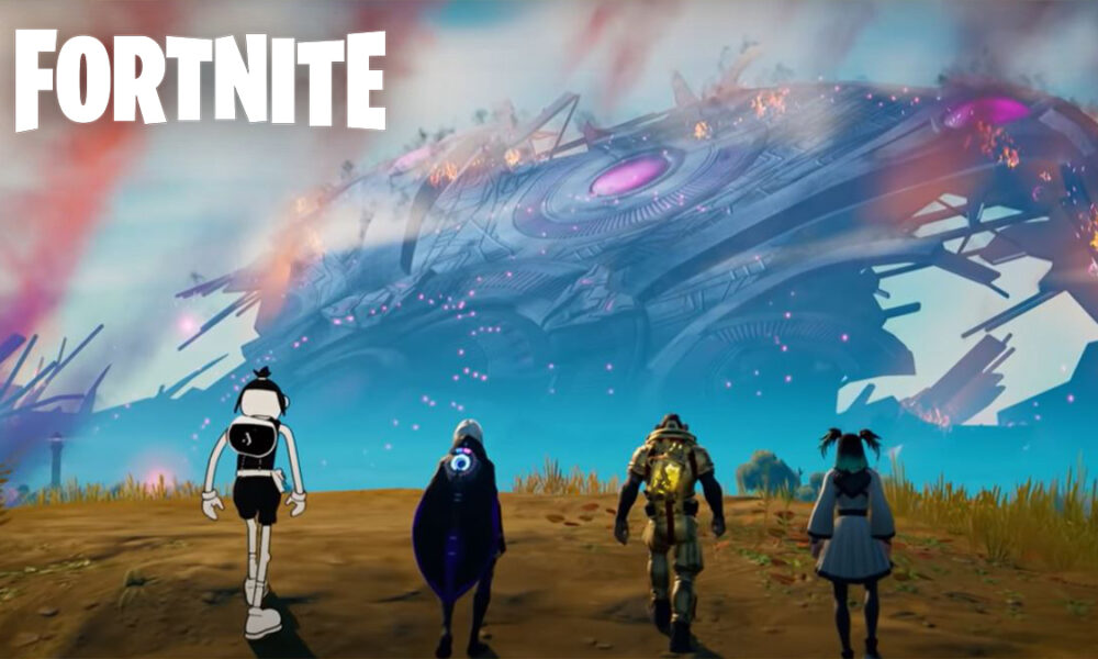 Fortnite characters walking towards crashed mothership