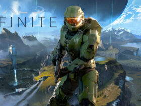 Master Chief in front of Zeta Halo