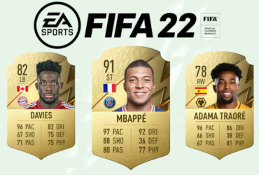 Mpabbe, Davies and Traore with FIFA 22 logo