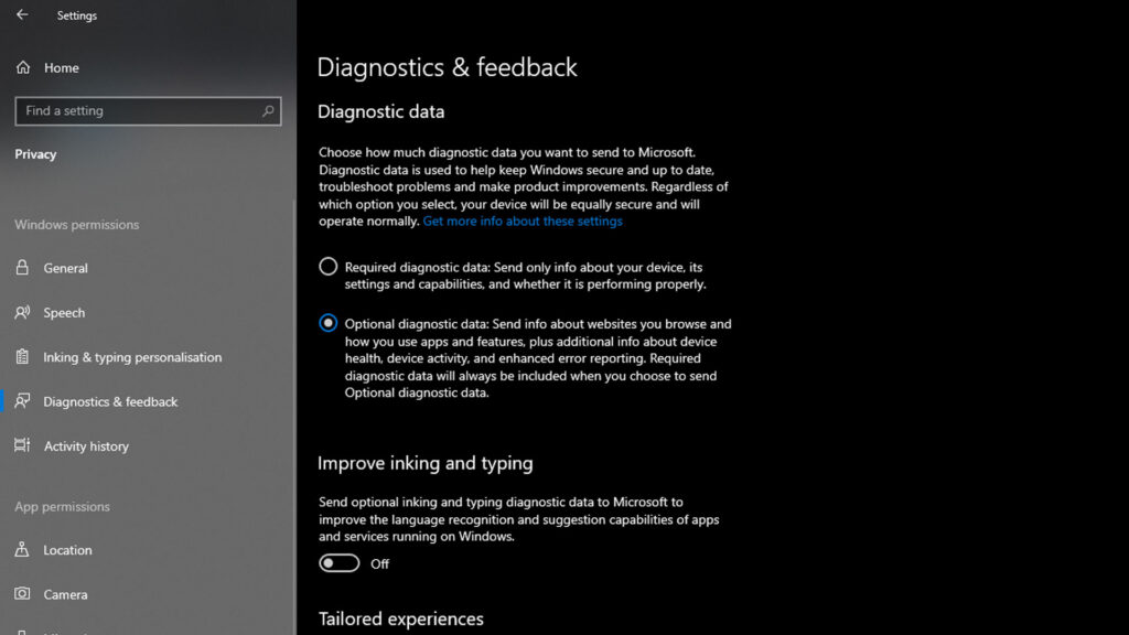 Página de datos de diagnóstico de Windows
