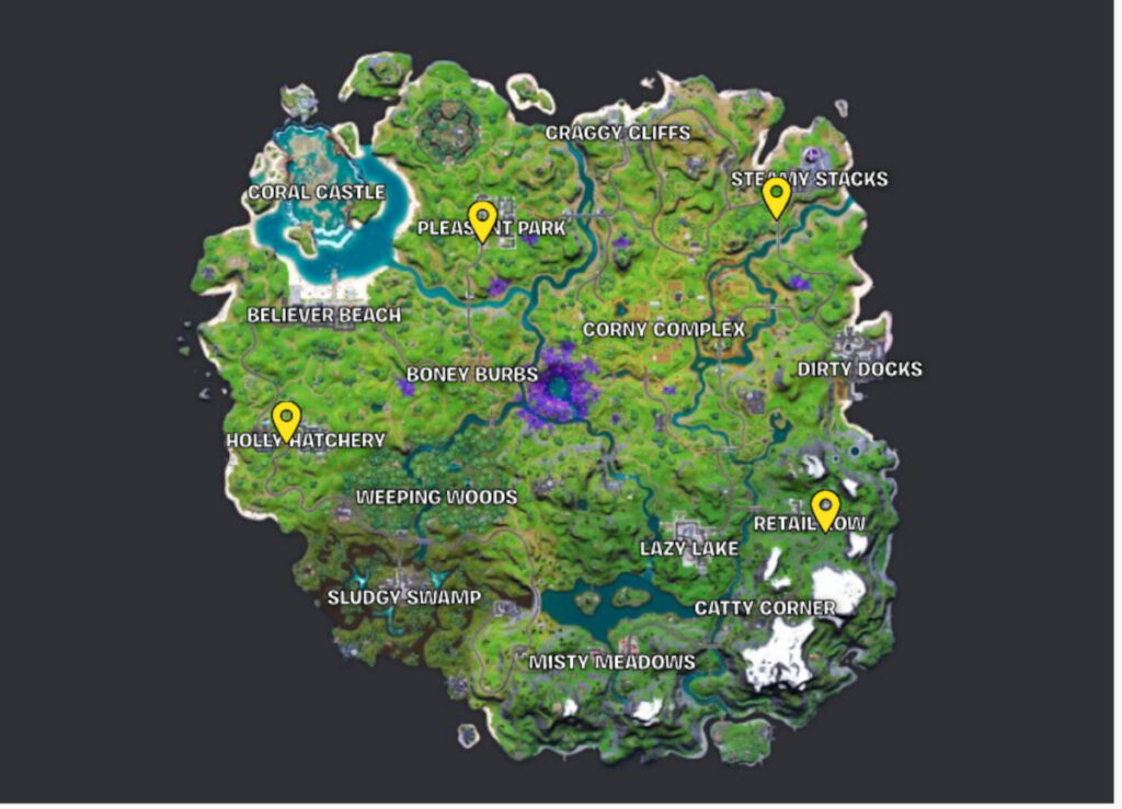 Mapa que muestra las ubicaciones de las paradas de autobús en Fortnite