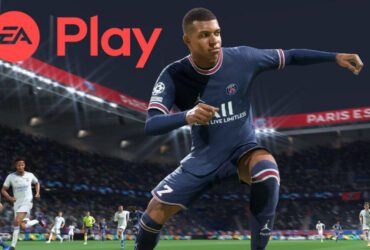 Mbappe in FIFA 22 with EA Play logo