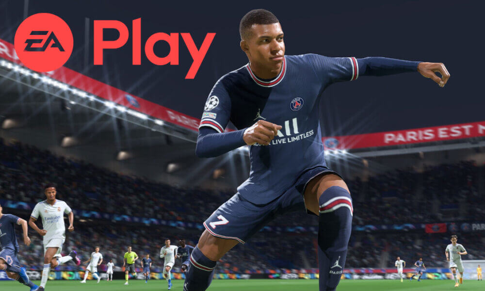 Mbappe in FIFA 22 with EA Play logo