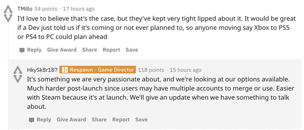 Publicación de Reddit sobre la progresión cruzada en Apex Legends