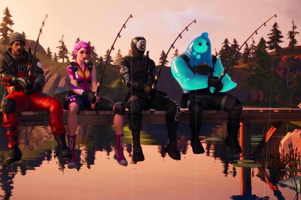 Personajes de Fortnite pescando