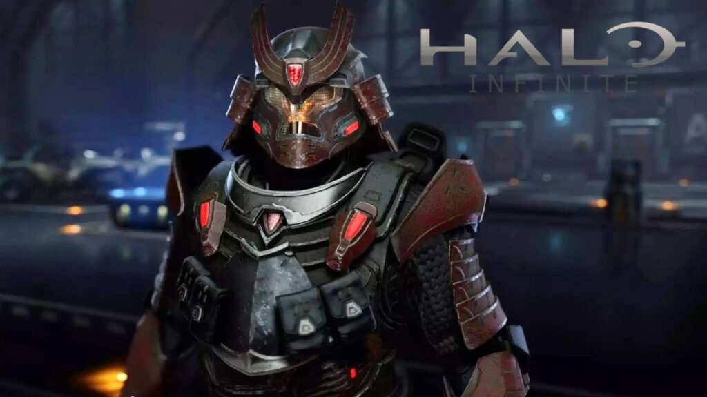 Personaje de Halo Infinite con casco samuri
