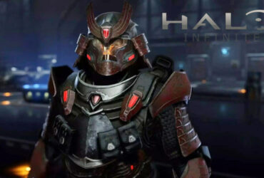 Halo Infinite character wearing samuri helmet