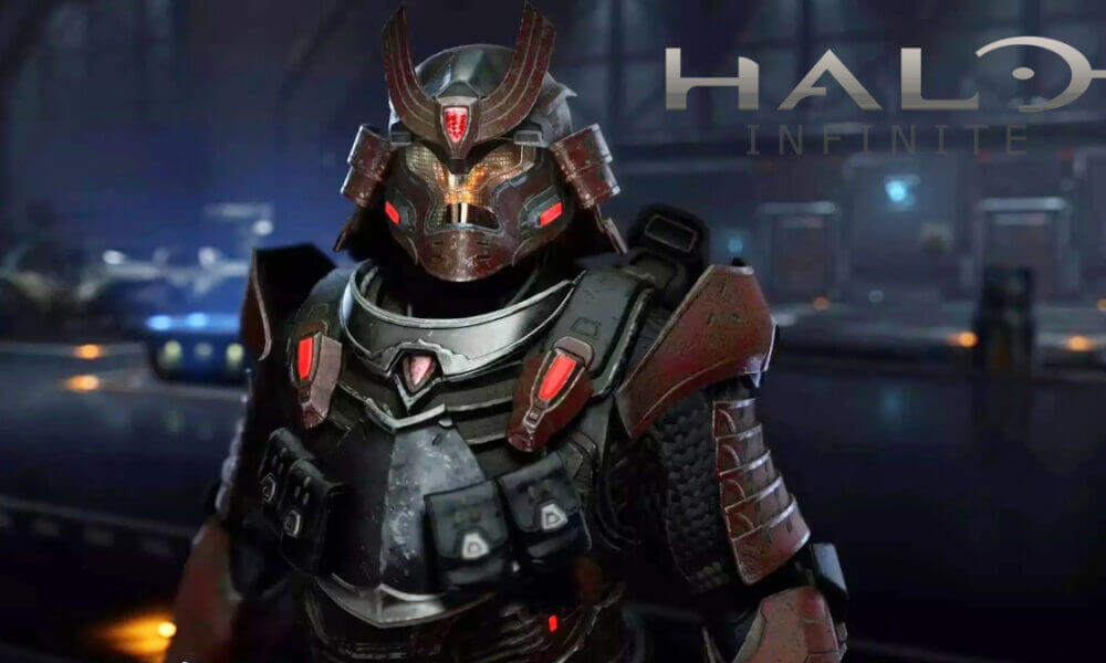 Halo Infinite character wearing samuri helmet