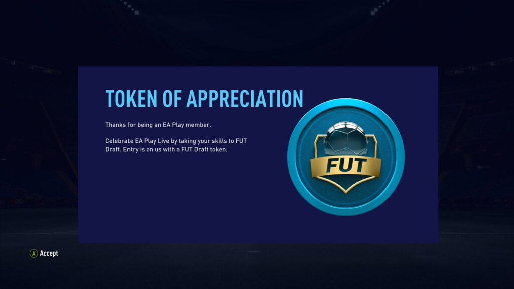 Captura de pantalla de EA dando Draft Token gratis a jugadores de FUT