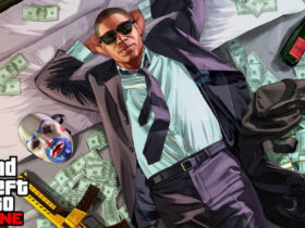 GTA online character lying on top of money