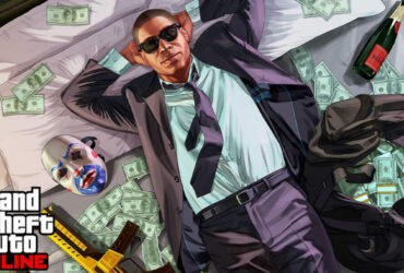 GTA online character lying on top of money