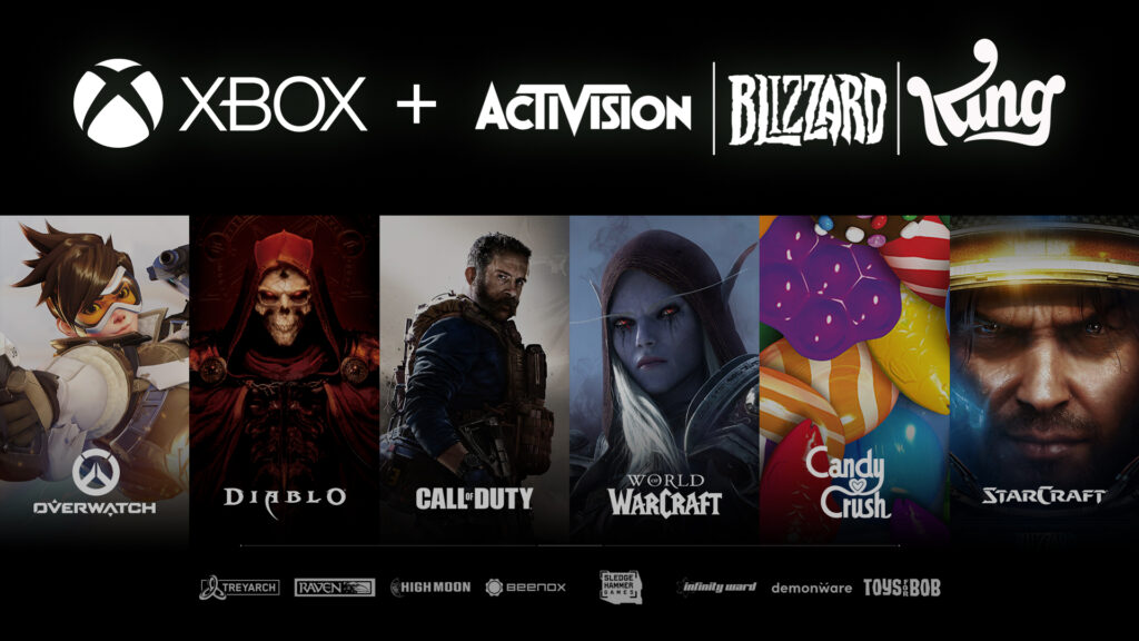 Imagen de adquisición de Acitivison Blizzard de Xbox con Overwatch, CoD y WoW.