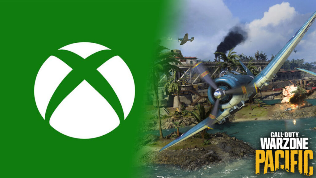 Avión volando en Warzone Pacific y Xbox Logo