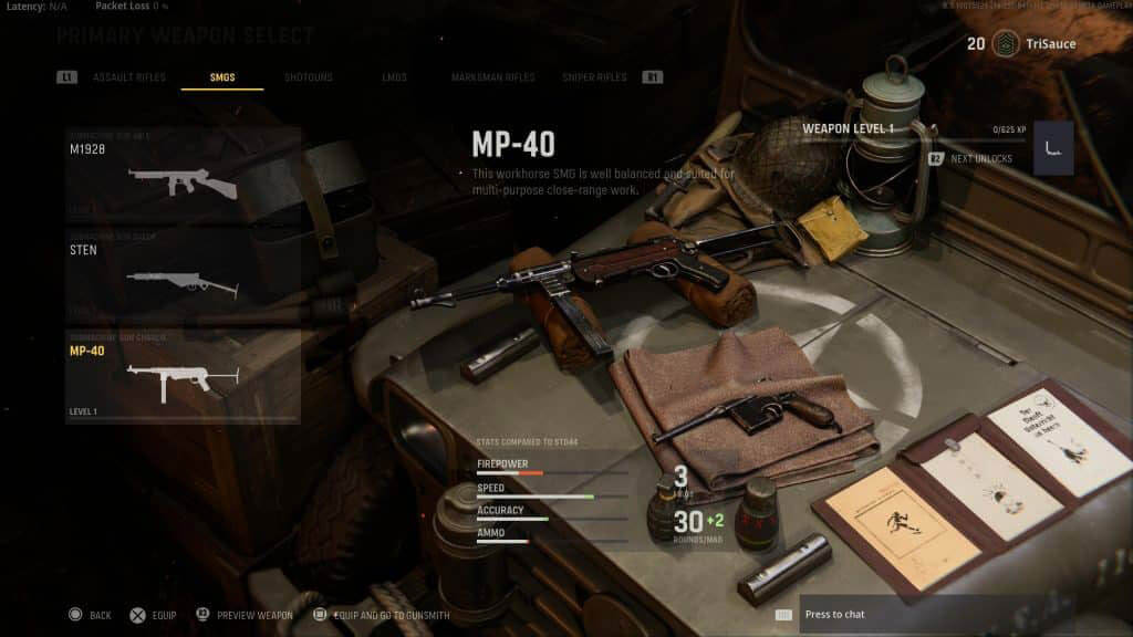 MP40 en el armero de Call of Duty Vanguard