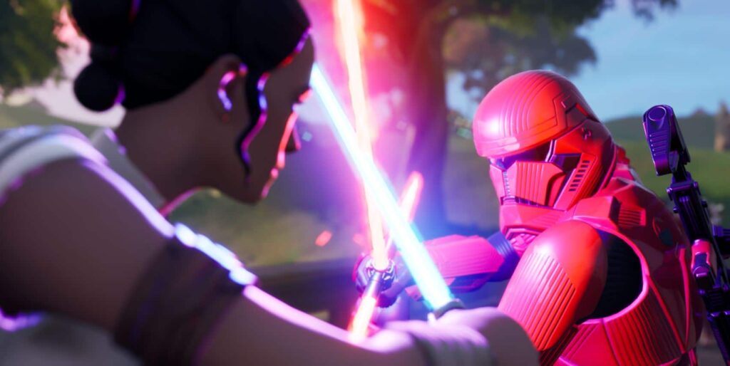 Rey y Red Stormtrooper usando sables de luz en Fortnite