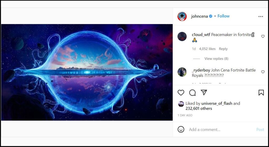 Publicación de Instagram de John Cena provocando la piel de Peacemaker