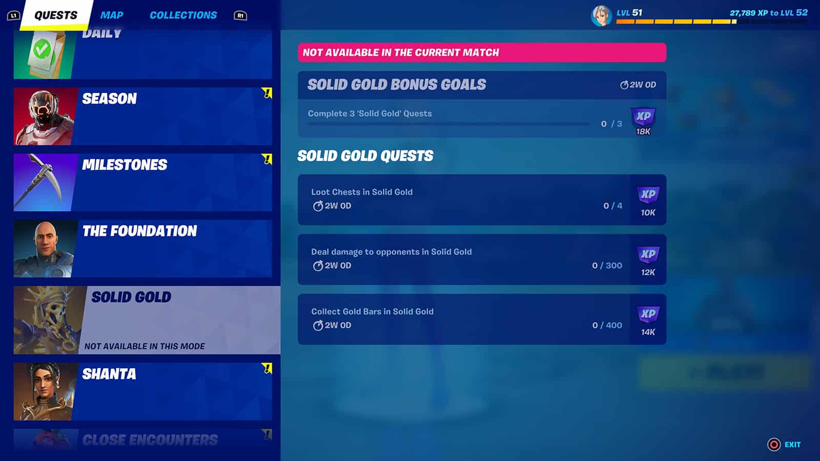 Un menú que muestra las misiones de Solid Gold en Fortnite