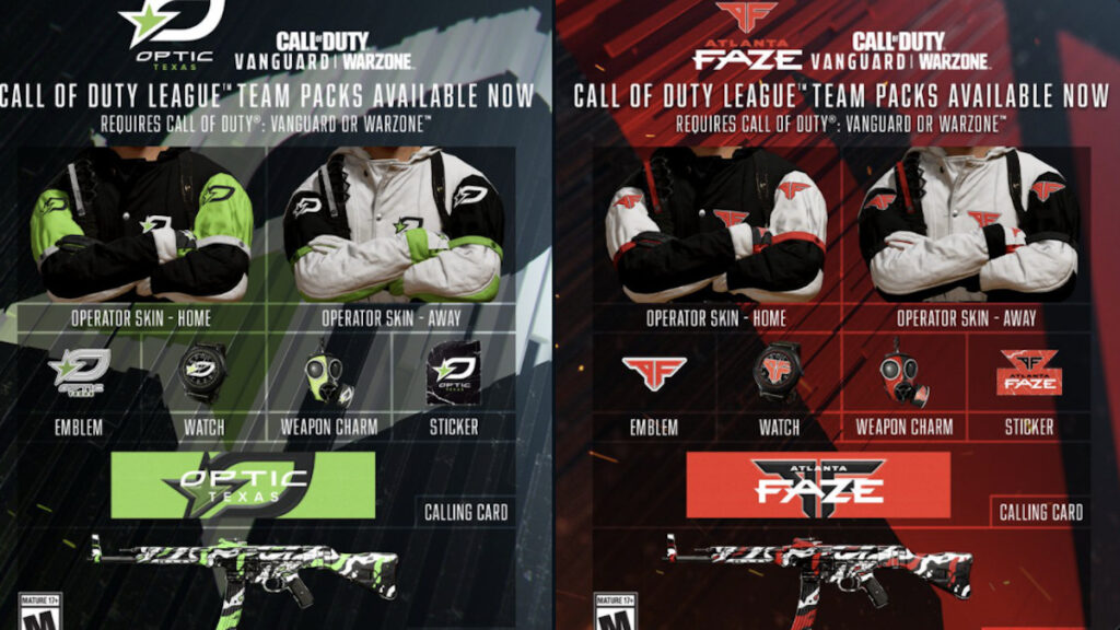 Paquetes del equipo CDL Optic Texas y Atlanta Faze