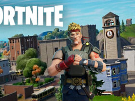 Jonesy in front of Tilted Towers in Fortnite