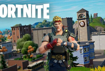 Jonesy in front of Tilted Towers in Fortnite