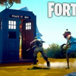 Jonesy and Fishstick running towards Doctor Who Tardis in Fortnite