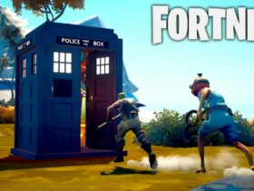 Jonesy and Fishstick running towards Doctor Who Tardis in Fortnite