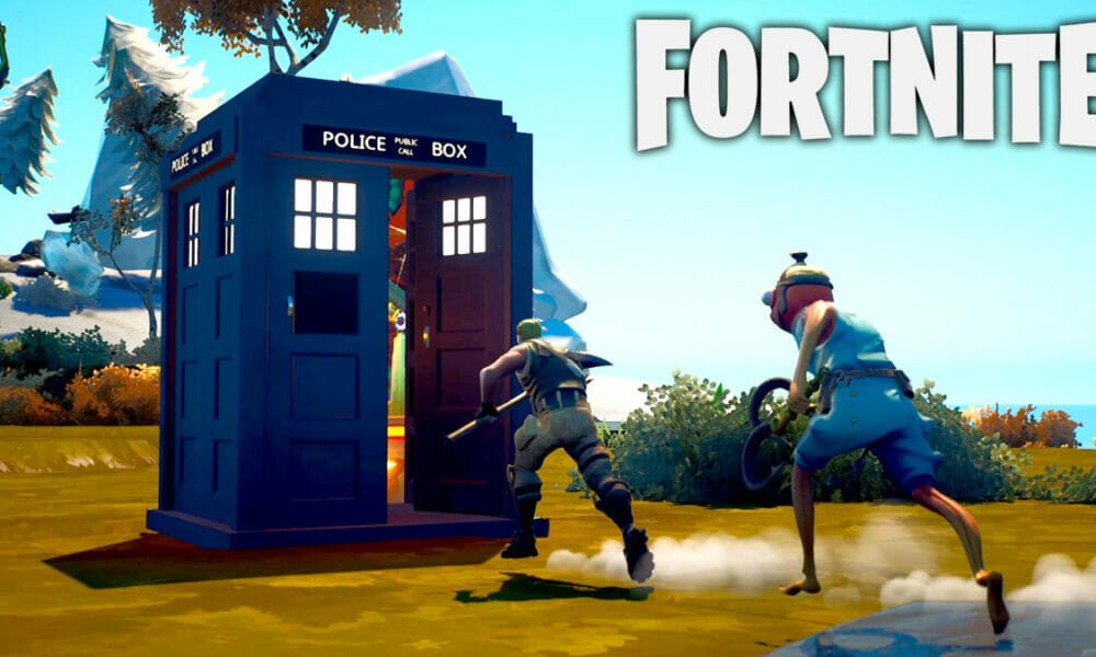 Jonesy and Fishstick running towards Doctor Who Tardis in Fortnite