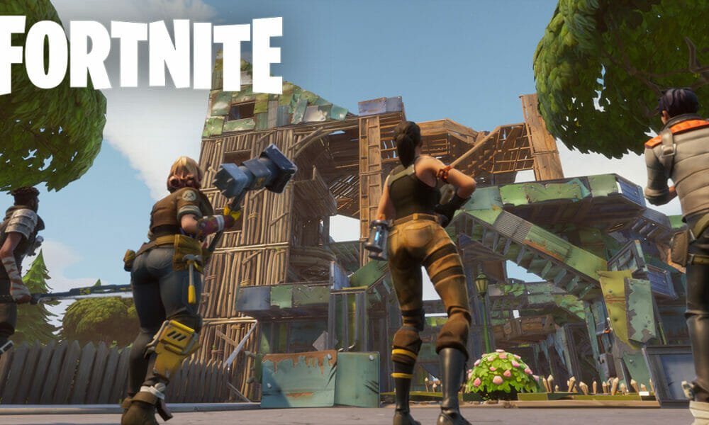 Fortnite players stood in front of building