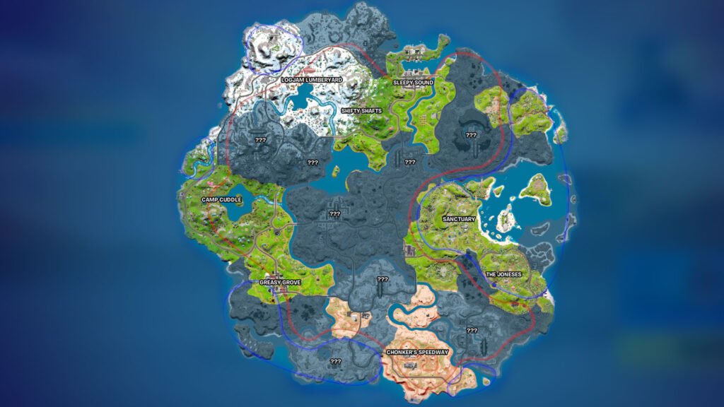 líneas rojas y azules en el mapa de la temporada 2 de fortnite