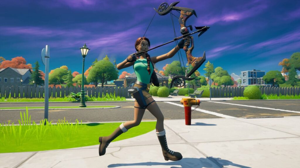 Lara Croft disparando el Grappler Bow en Fortnite