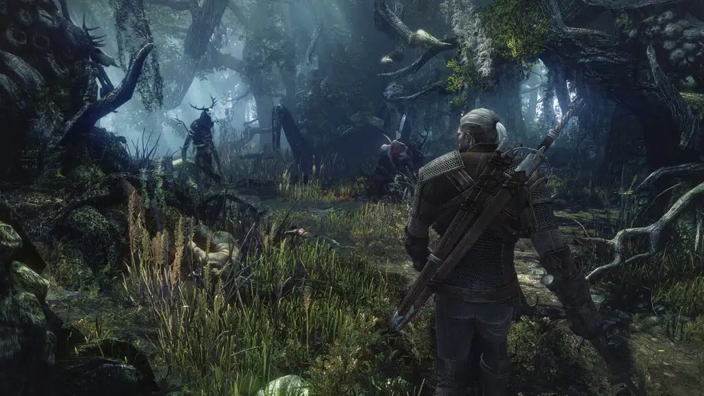 Geralt en un bosque en Witcher 3