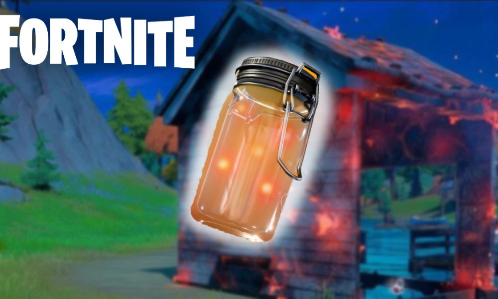 Fortnite Firefly Jar in front of burning building