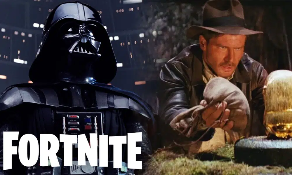 Darth Vader and Indiana Jones with Fortnite logo