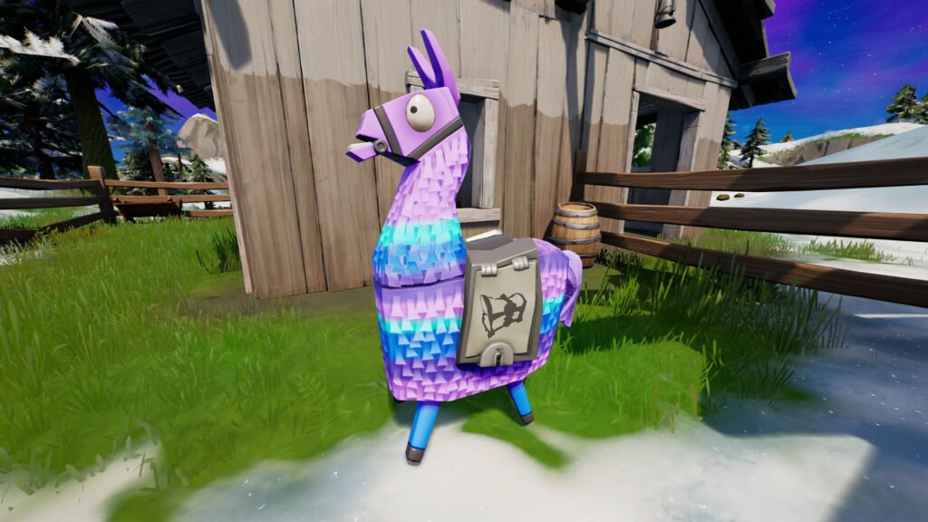 Llama parada frente a un cobertizo en Fortnite