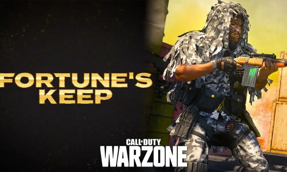 Warzone Fortune's keep logo and player on Rebirth Island