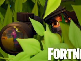 Fortnite player using sniper rifle through a bush