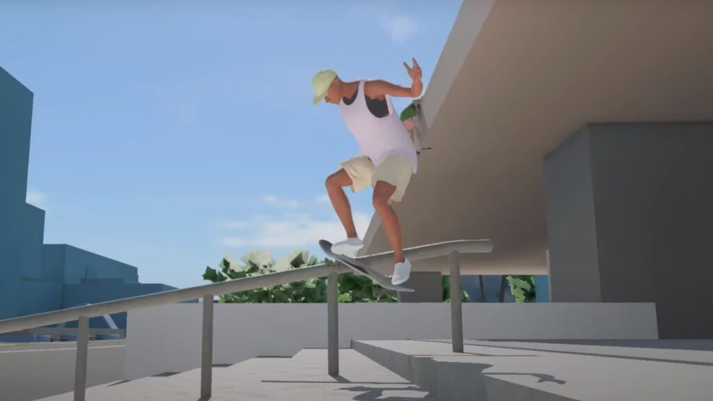 personaje de skate moliendo un riel en una prueba de juego