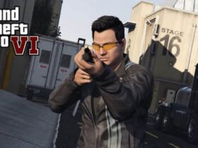 GTA character holding gun next to GTA 6 logo