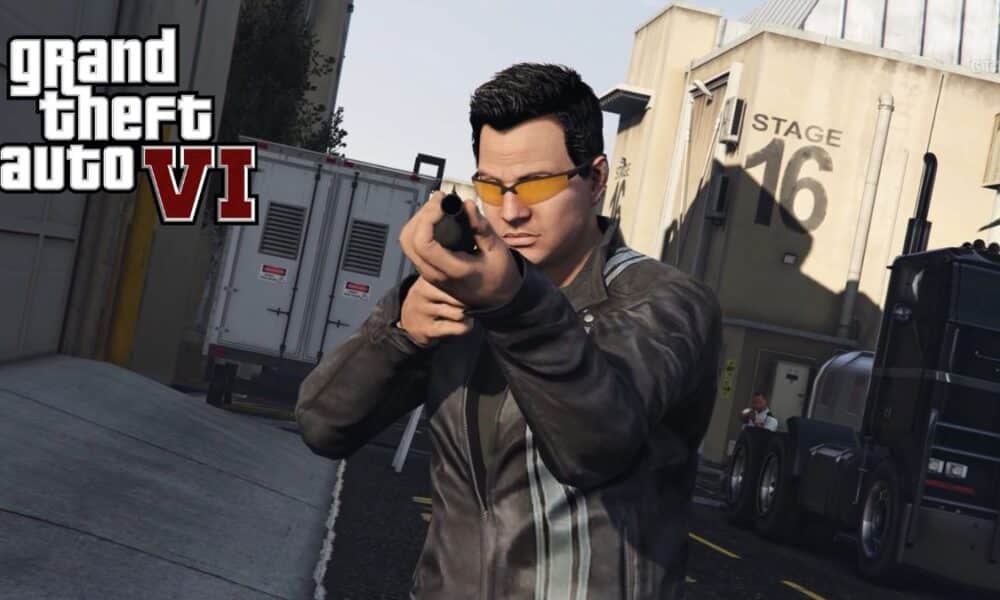 GTA character holding gun next to GTA 6 logo