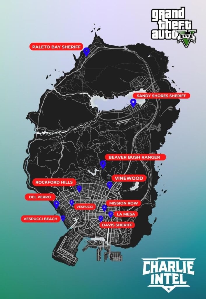 Ubicaciones de las comisarías de policía del mapa de GTA V marcadas